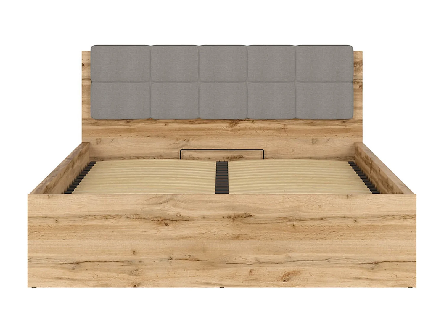Lit adule 160x200 avec tête de lit capitonnée gris clair,sommier et rangement, coloris Chêne wotan - Longueur 204,5 x Profondeur 169 x Hauteur 95/40,5 cm
