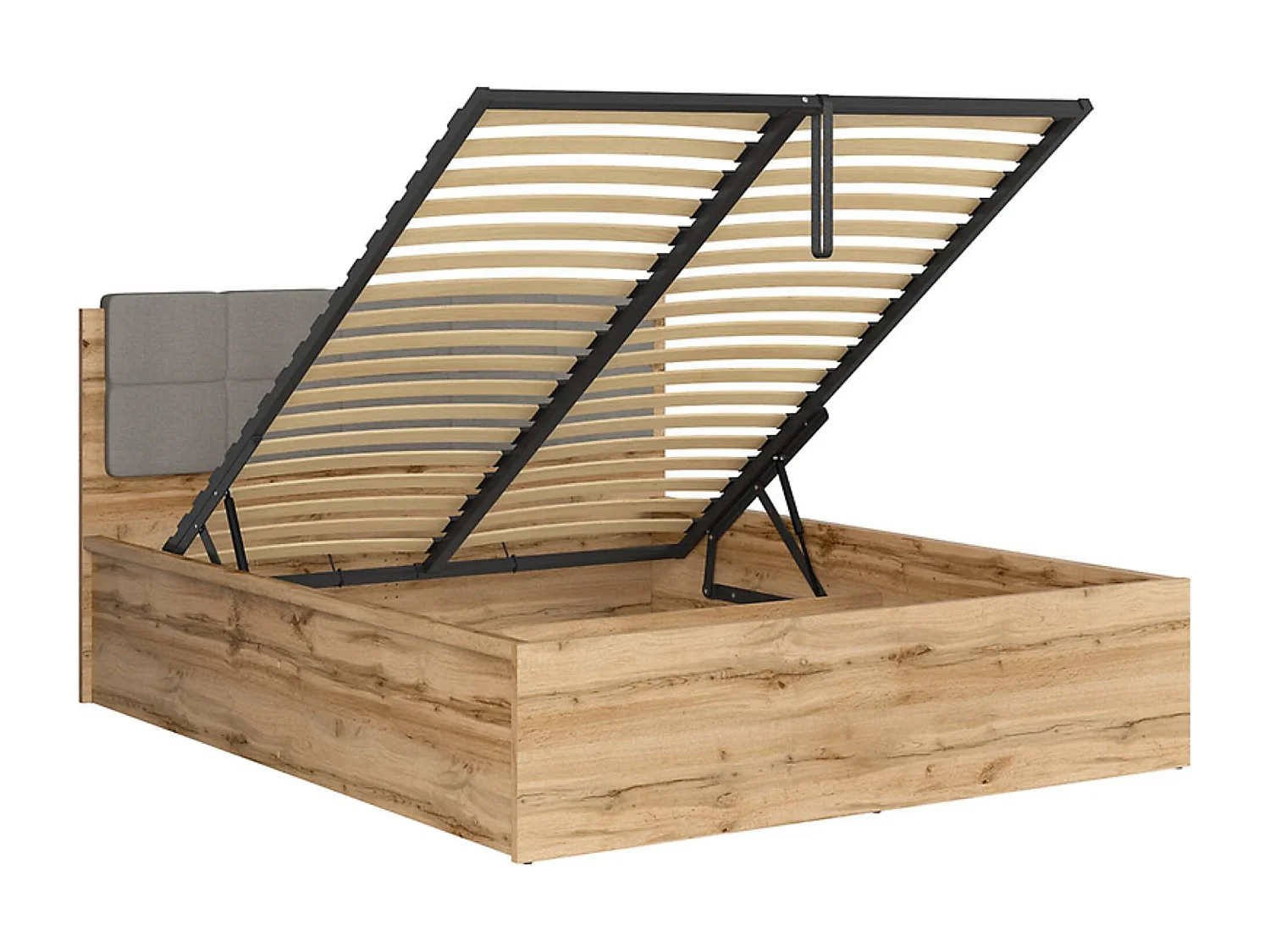 Lit adule 160x200 avec tête de lit capitonnée gris clair,sommier et rangement, coloris Chêne wotan - Longueur 204,5 x Profondeur 169 x Hauteur 95/40,5 cm