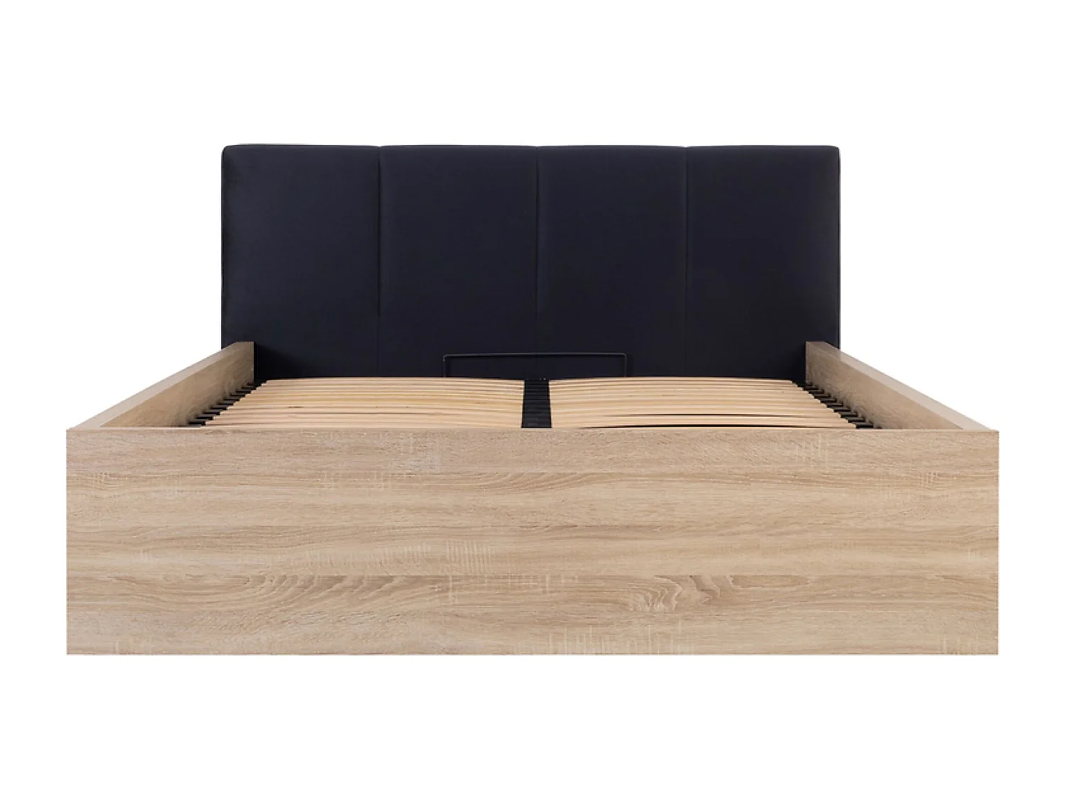 Lit adule 160x200 avec tête de lit capitonnée noir,sommier et rangement coloris Chêne wotan - Longueur 204,5 x Profondeur 169 x Hauteur 95/40,5 cm
