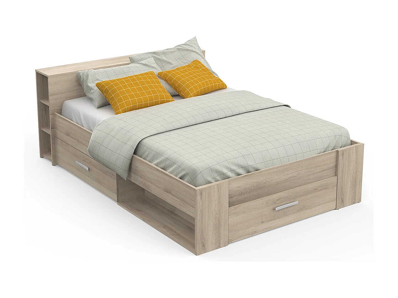 Lit adulte 140x190 cm avec rangement 3 tiroirs couleur chêne - Largeur 150,1 x Profondeur 217,1 x Hauteur 74,3 cm