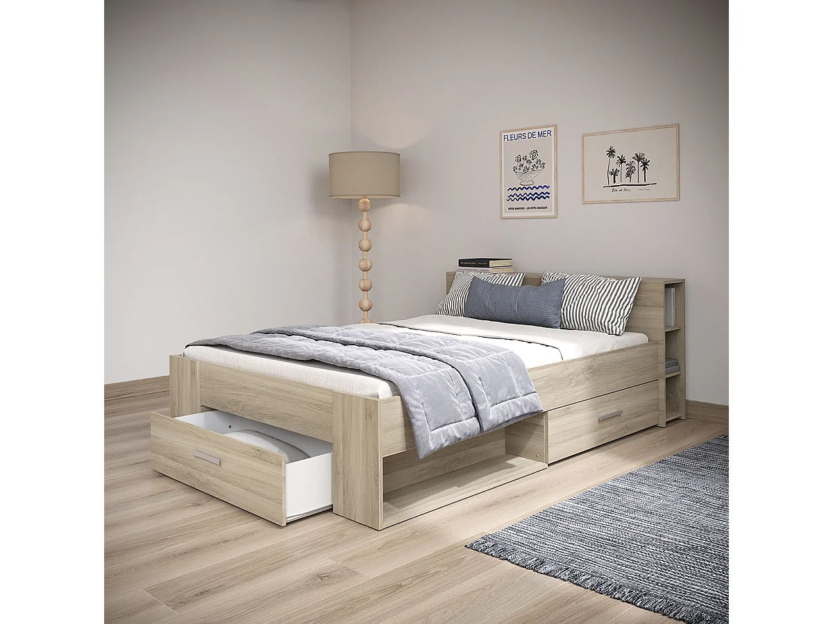 Lit adulte 140x190 cm avec rangement 3 tiroirs couleur chêne - Largeur 150,1 x Profondeur 217,1 x Hauteur 74,3 cm