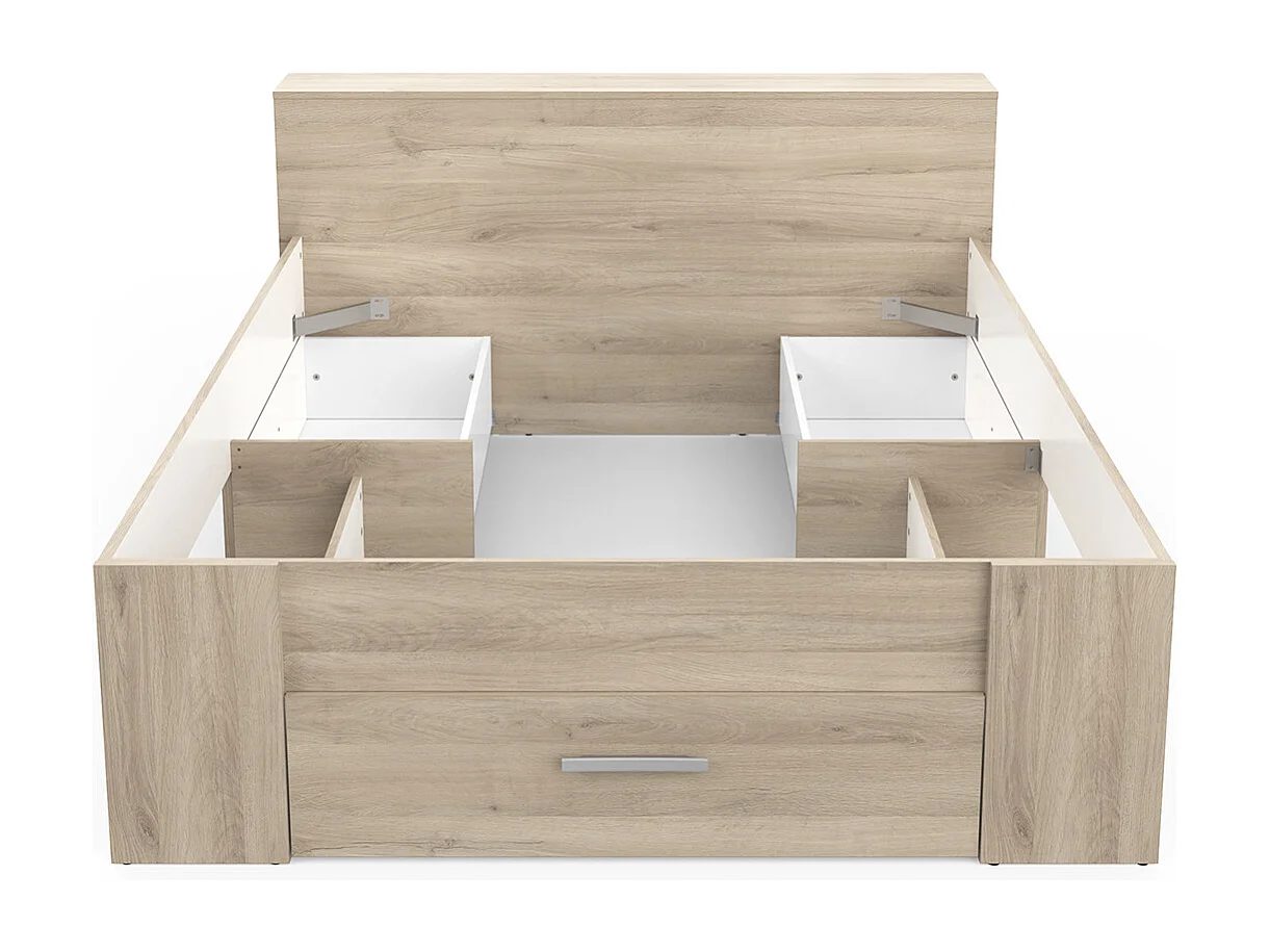 Lit adulte 140x190 cm avec rangement 3 tiroirs couleur chêne - Largeur 150,1 x Profondeur 217,1 x Hauteur 74,3 cm
