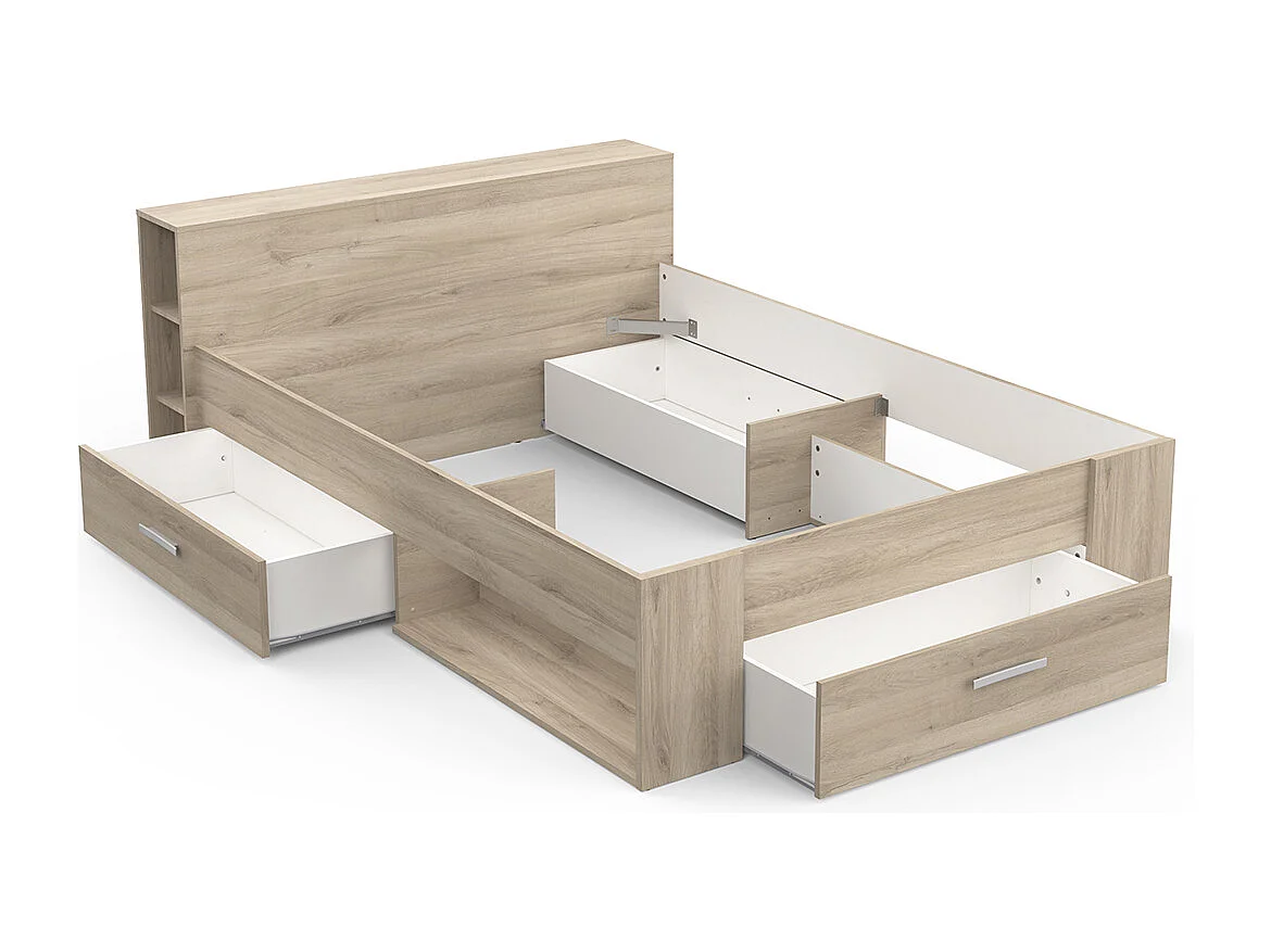 Lit adulte 140x190 cm avec rangement 3 tiroirs couleur chêne - Largeur 150,1 x Profondeur 217,1 x Hauteur 74,3 cm