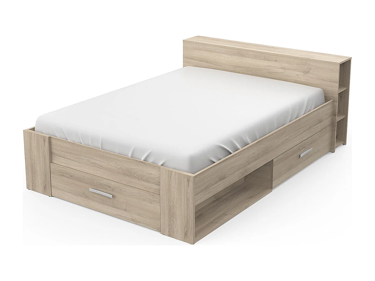 Lit adulte 140x190 cm avec rangement 3 tiroirs couleur chêne - Largeur 150,1 x Profondeur 217,1 x Hauteur 74,3 cm