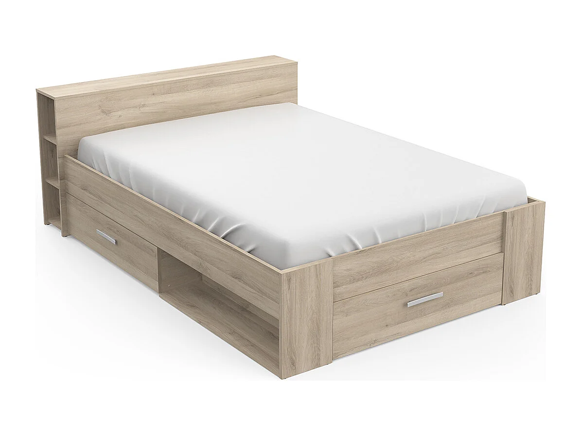 Lit adulte 140x190 cm avec rangement 3 tiroirs couleur chêne - Largeur 150,1 x Profondeur 217,1 x Hauteur 74,3 cm