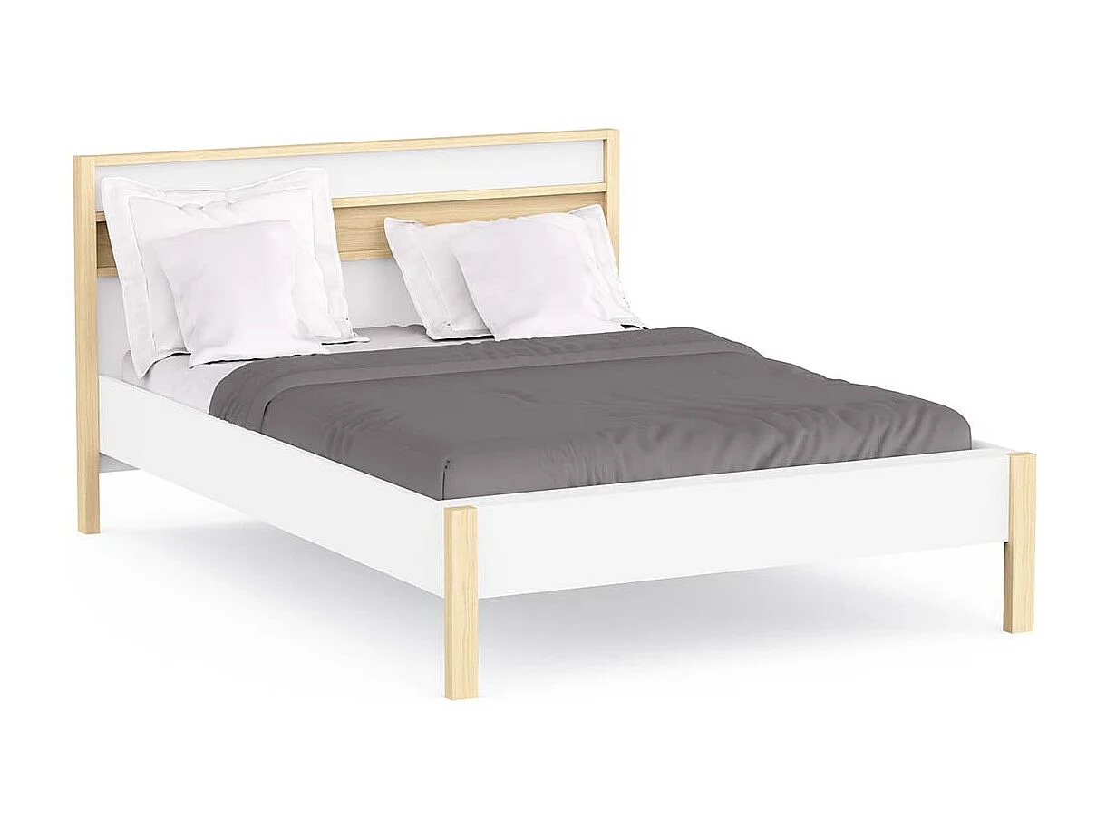 Lit 2 places couchage 140x190/200 couleur Blanc / Chêne clair - Largeur 151,9 x Profondeur 207,3 x Hauteur 95 cm