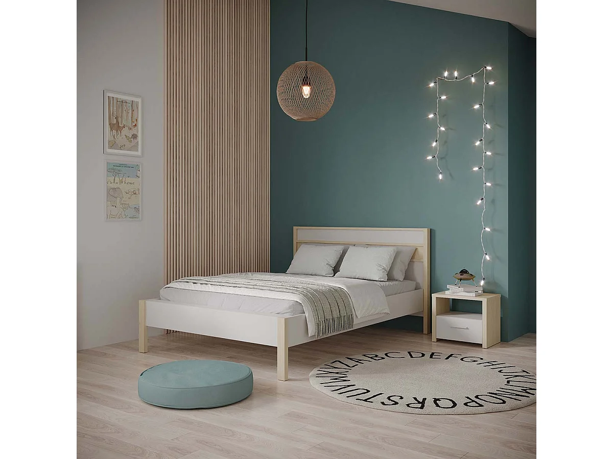 Lit 2 places couchage 140x190/200 couleur Blanc / Chêne clair - Largeur 151,9 x Profondeur 207,3 x Hauteur 95 cm