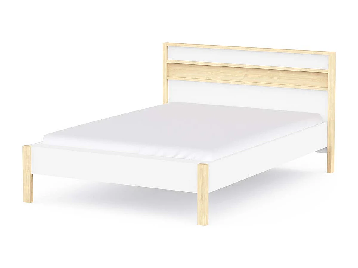 Lit 2 places couchage 140x190/200 couleur Blanc / Chêne clair - Largeur 151,9 x Profondeur 207,3 x Hauteur 95 cm