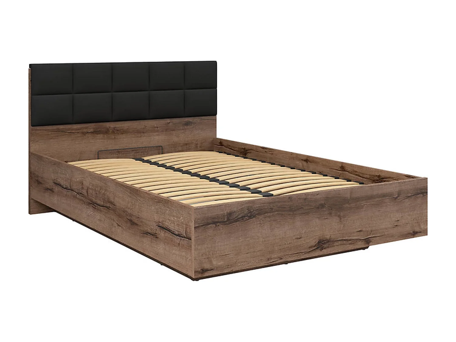 Lit coffre 140x200 avec tête de lit rembourrée noir, sommier et rangement ,coloris Chêne marron foncé - Longueur 206 x Profondeur 145 x Hauteur 42-98,5 cm