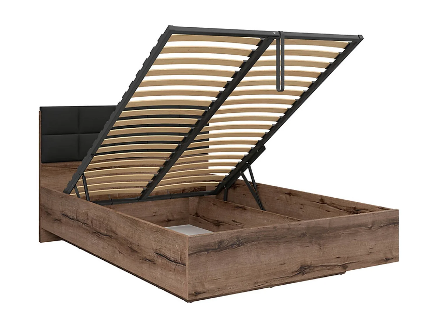 Lit coffre 140x200 avec tête de lit rembourrée noir, sommier et rangement ,coloris Chêne marron foncé - Longueur 206 x Profondeur 145 x Hauteur 42-98,5 cm