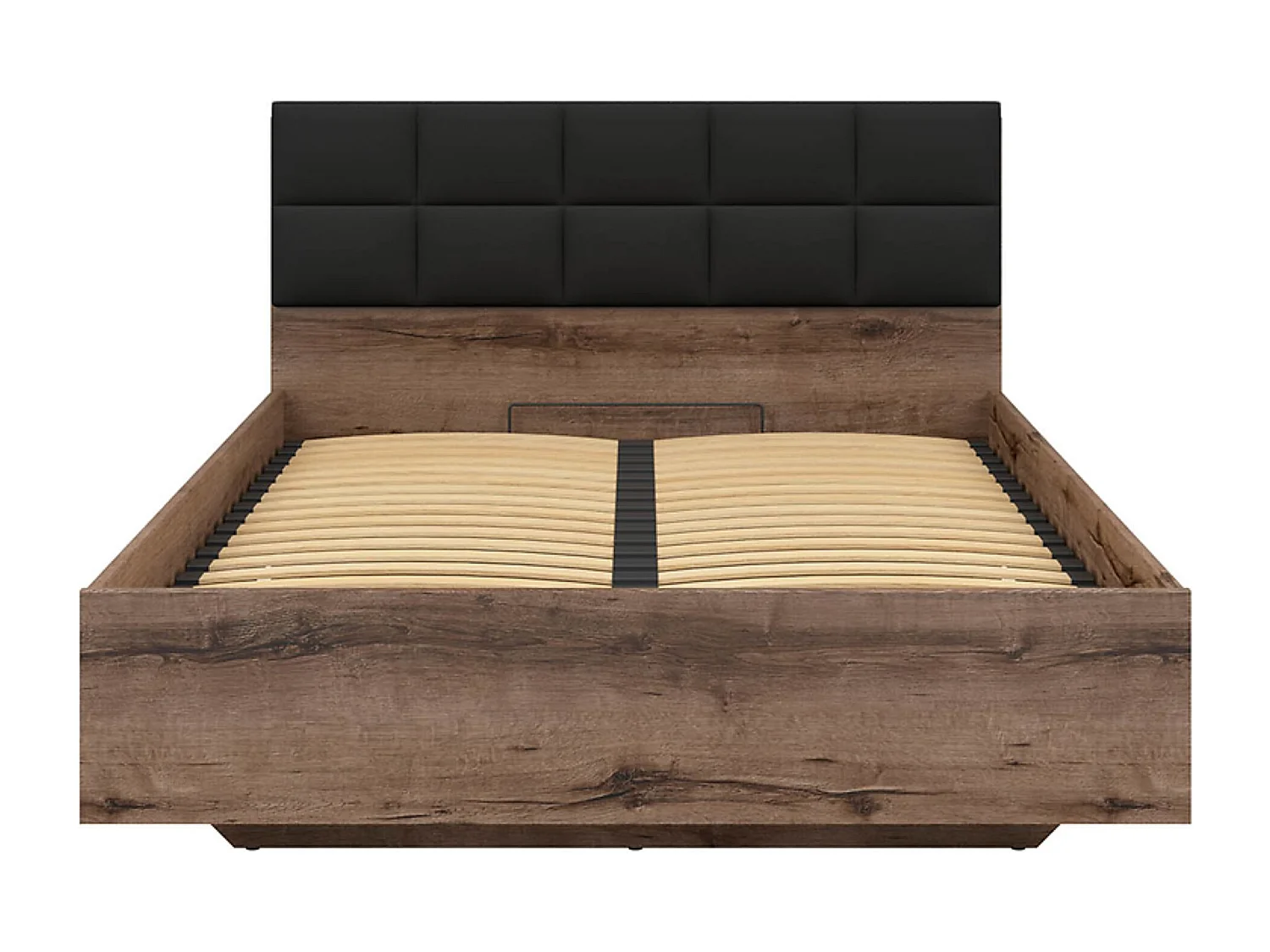 Lit coffre 140x200 avec tête de lit rembourrée noir, sommier et rangement ,coloris Chêne marron foncé - Longueur 206 x Profondeur 145 x Hauteur 42-98,5 cm