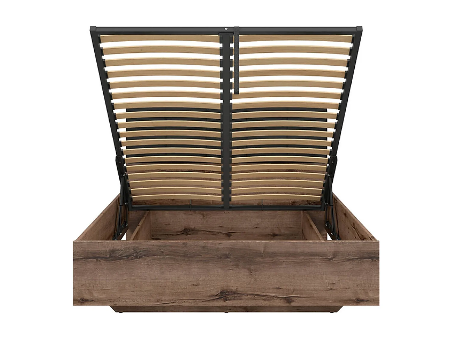 Lit coffre 140x200 avec tête de lit rembourrée noir, sommier et rangement ,coloris Chêne marron foncé - Longueur 206 x Profondeur 145 x Hauteur 42-98,5 cm