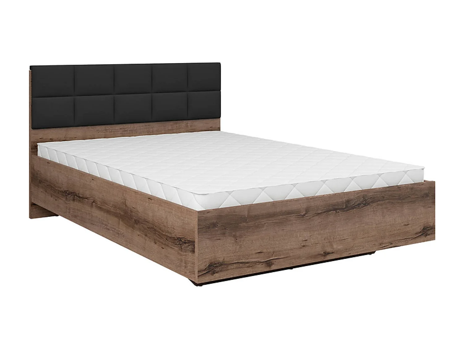 Lit coffre 140x200 avec tête de lit rembourrée noir, sommier et rangement ,coloris Chêne marron foncé - Longueur 206 x Profondeur 145 x Hauteur 42-98,5 cm