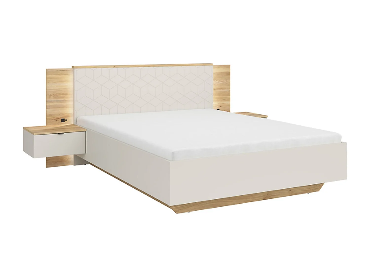 Lit coffre 160x200 avec 2 chevets à LED+USB  , coloris Chêne mauvella/Beige - Longueur 210,5 x Profondeur 167 x Hauteur 110/42,5 cm