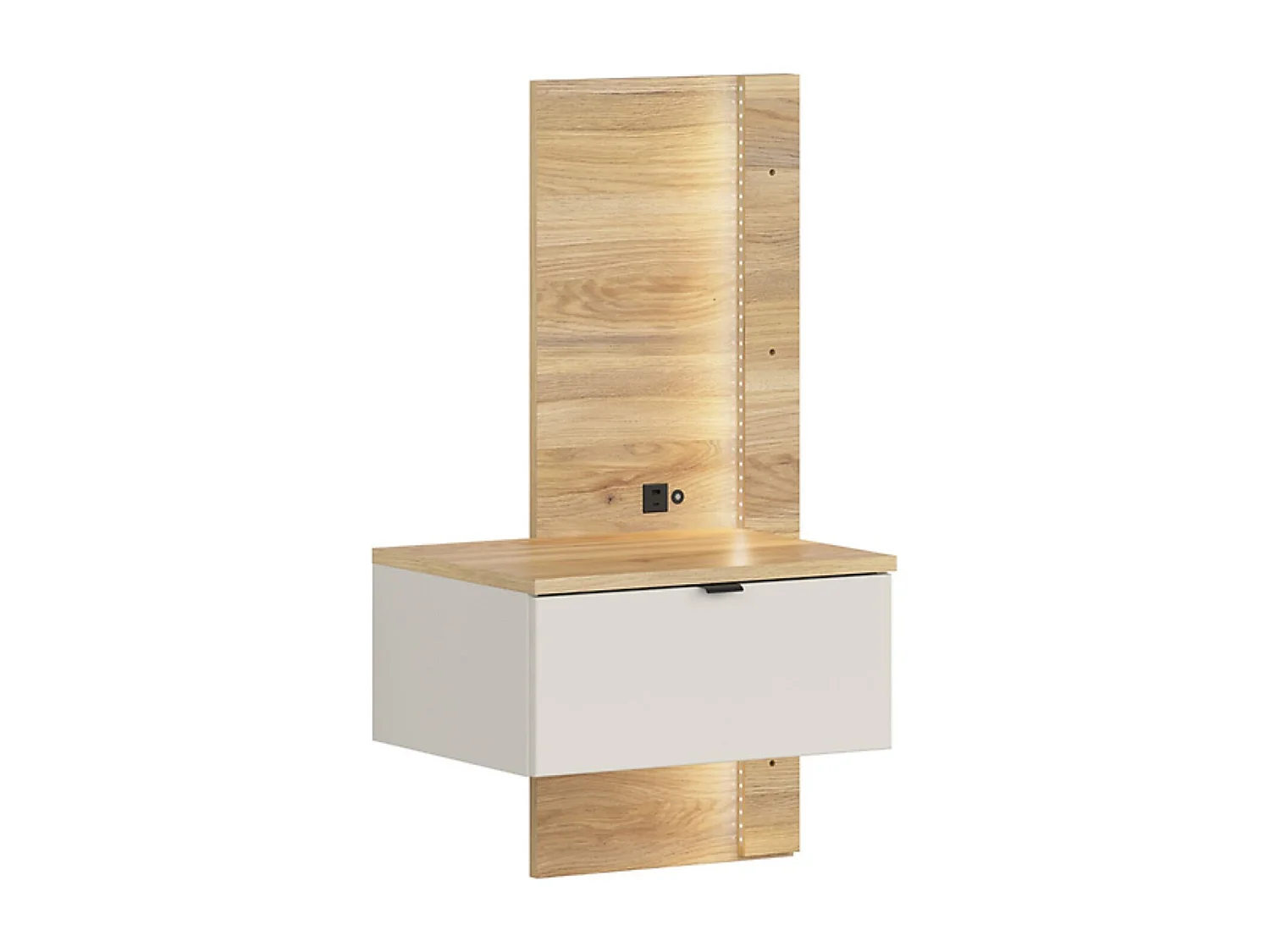 Lit coffre 160x200 avec 2 chevets à LED+USB  , coloris Chêne mauvella/Beige - Longueur 210,5 x Profondeur 167 x Hauteur 110/42,5 cm