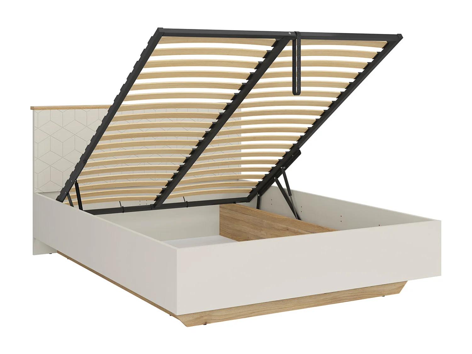 Lit coffre 160x200 avec 2 chevets à LED+USB  , coloris Chêne mauvella/Beige - Longueur 210,5 x Profondeur 167 x Hauteur 110/42,5 cm