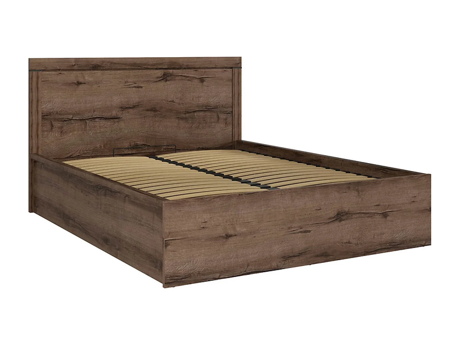 Lit coffre adulte 2 places 160x200 avec cadre sommier et rangement, coloris Chêne marron foncé - Longueur 206,5 x Profondeur 169,5 x Hauteur 41-105,5 cm