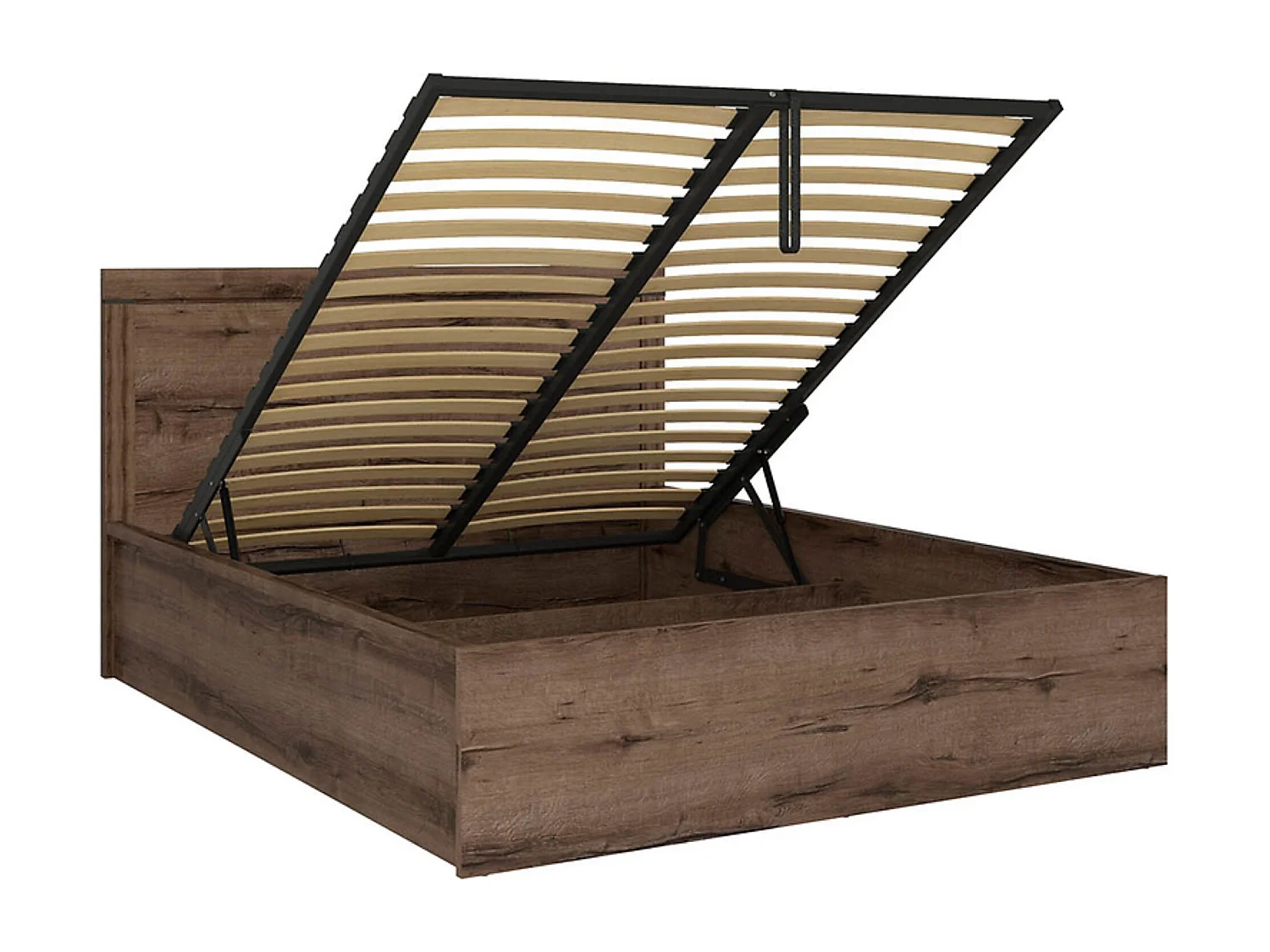 Lit coffre adulte 2 places 160x200 avec cadre sommier et rangement, coloris Chêne marron foncé - Longueur 206,5 x Profondeur 169,5 x Hauteur 41-105,5 cm