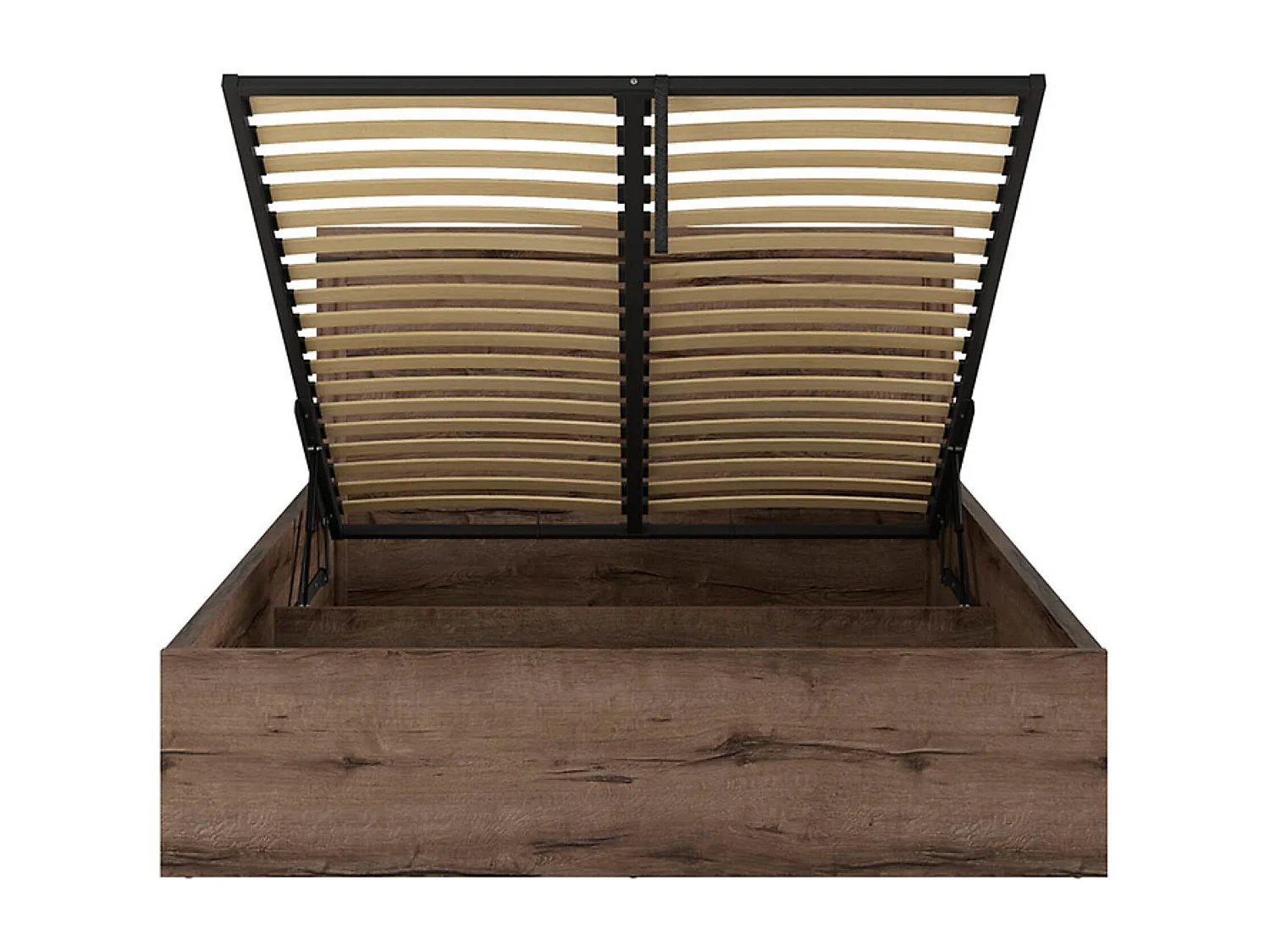 Lit coffre adulte 2 places 160x200 avec cadre sommier et rangement, coloris Chêne marron foncé - Longueur 206,5 x Profondeur 169,5 x Hauteur 41-105,5 cm