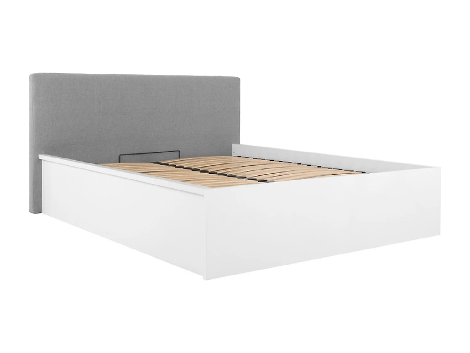 Lit coffre 160x200 avec tête de lit capitonnée ,coloris Blanc brillant/Textile gris - Longueur 209,5 x Profondeur 176 x Hauteur 95/40,5 cm