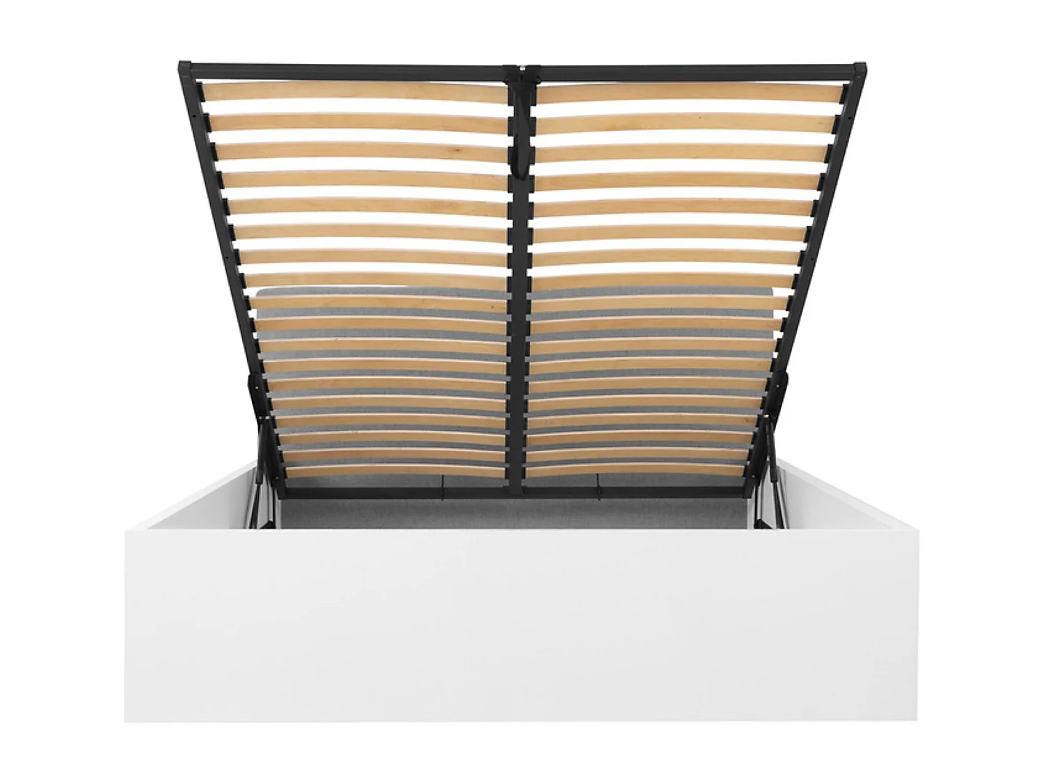 Lit coffre 160x200 avec tête de lit capitonnée ,coloris Blanc brillant/Textile gris - Longueur 209,5 x Profondeur 176 x Hauteur 95/40,5 cm