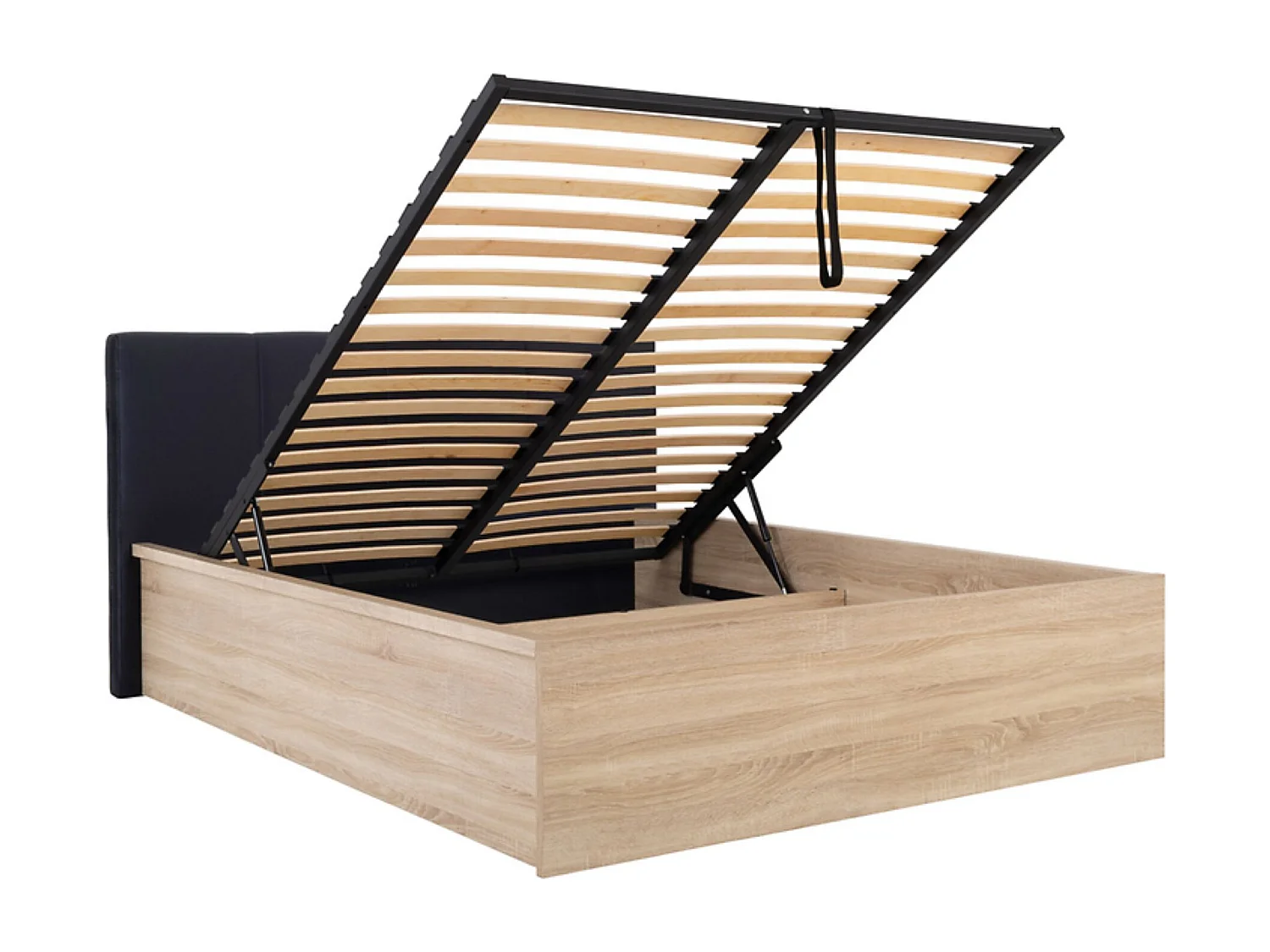 Lit adule 140x200 avec tête de lit capitonnée noir,sommier et rangement, coloris chêne Sonoma/noir - Longueur 204,5 x Profondeur 149 x Hauteur 95/40,5 cm