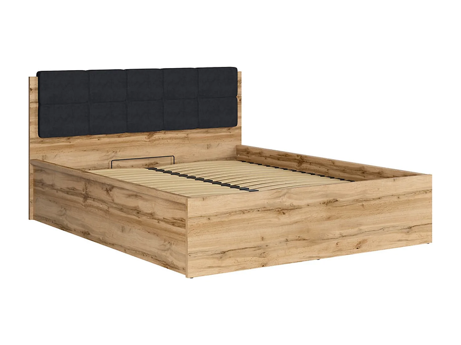 Lit adule 160x200 avec tête de lit capitonnée noir,sommier et rangement, coloris Chêne wotan - Longueur 204,5 x Profondeur 169 x Hauteur 95/40,5 cm