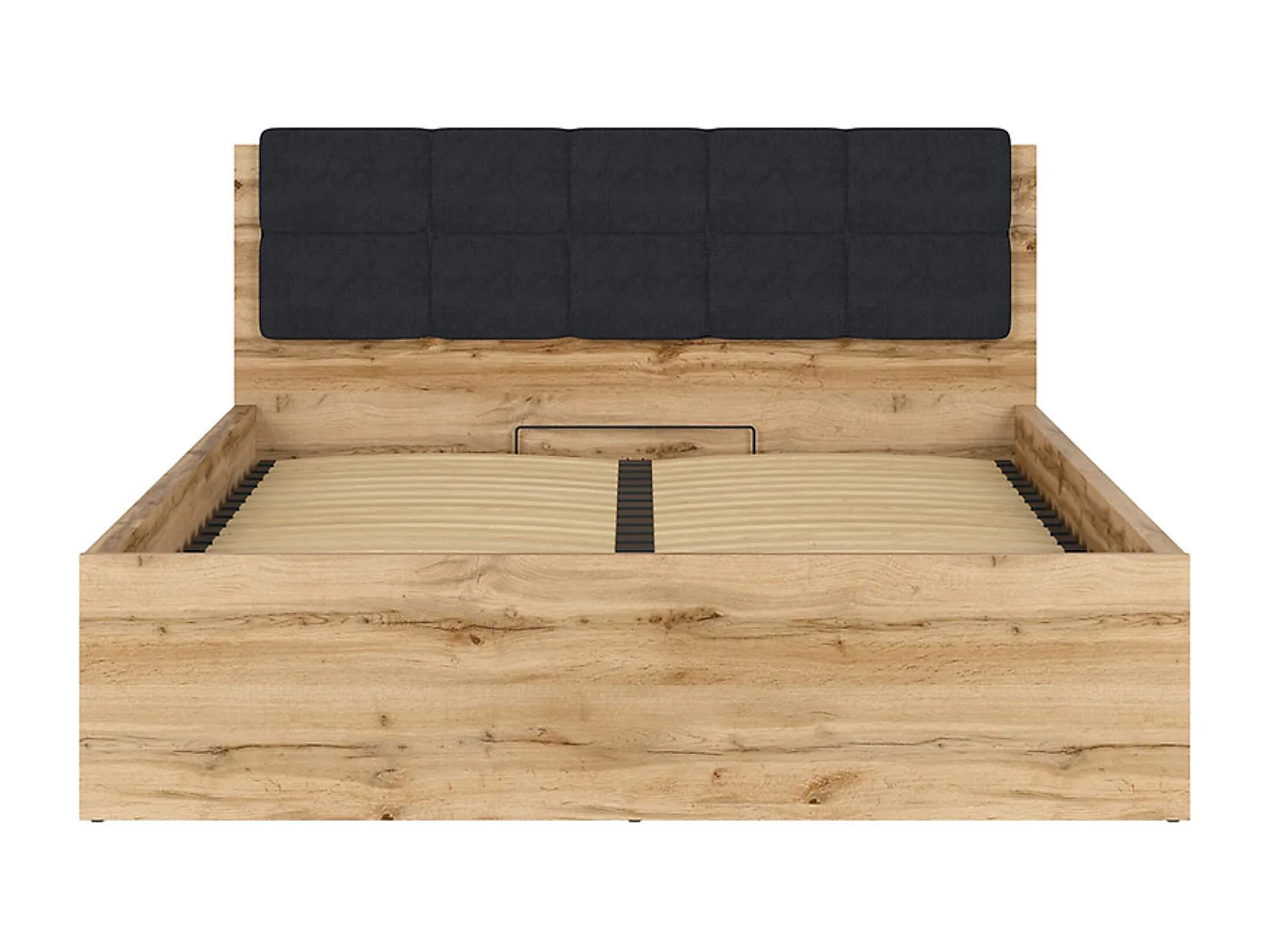 Lit adule 160x200 avec tête de lit capitonnée noir,sommier et rangement, coloris Chêne wotan - Longueur 204,5 x Profondeur 169 x Hauteur 95/40,5 cm