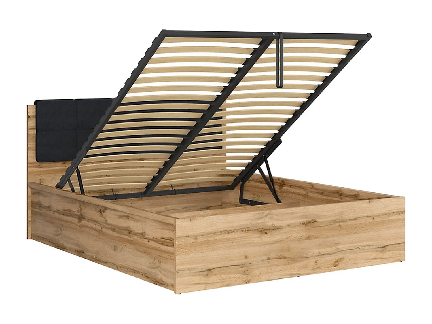 Lit adule 160x200 avec tête de lit capitonnée noir,sommier et rangement, coloris Chêne wotan - Longueur 204,5 x Profondeur 169 x Hauteur 95/40,5 cm