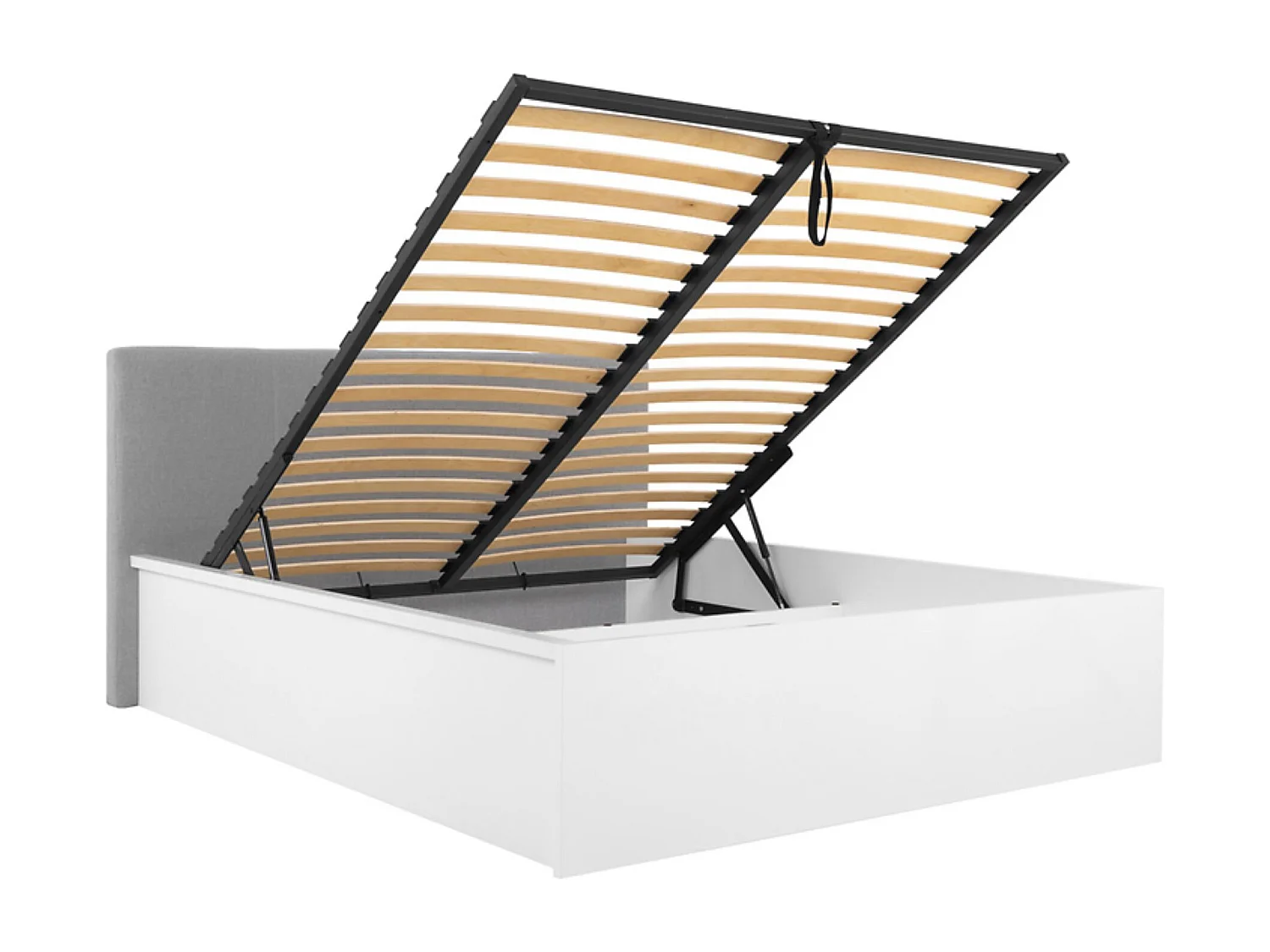 Lit coffre 140x200 avec  tête de lit capitonnée ,coloris Blanc brillant/Textile gris - Longueur 209,5 x Profondeur 156 x Hauteur 95/40,5 cm