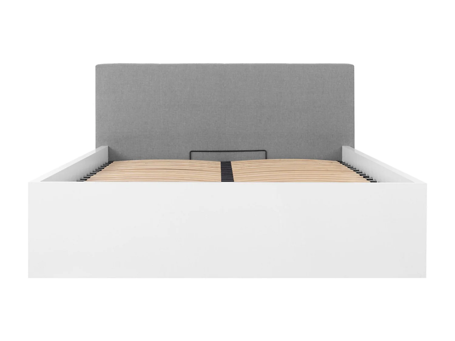 Lit coffre 140x200 avec  tête de lit capitonnée ,coloris Blanc brillant/Textile gris - Longueur 209,5 x Profondeur 156 x Hauteur 95/40,5 cm