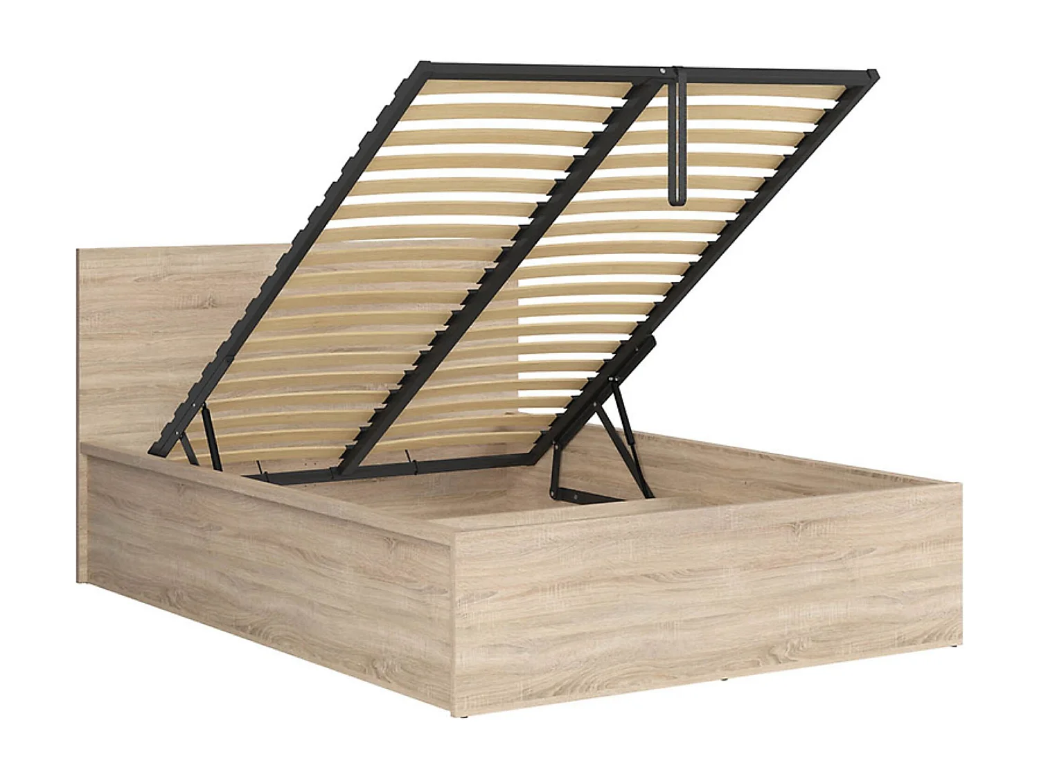 Lit adule 140x200 Lit coffre 2 places avec sommier et rangement, coloris chêne Sonoma - Longueur 204,5 x Profondeur 149 x Hauteur 95/40,5 cm