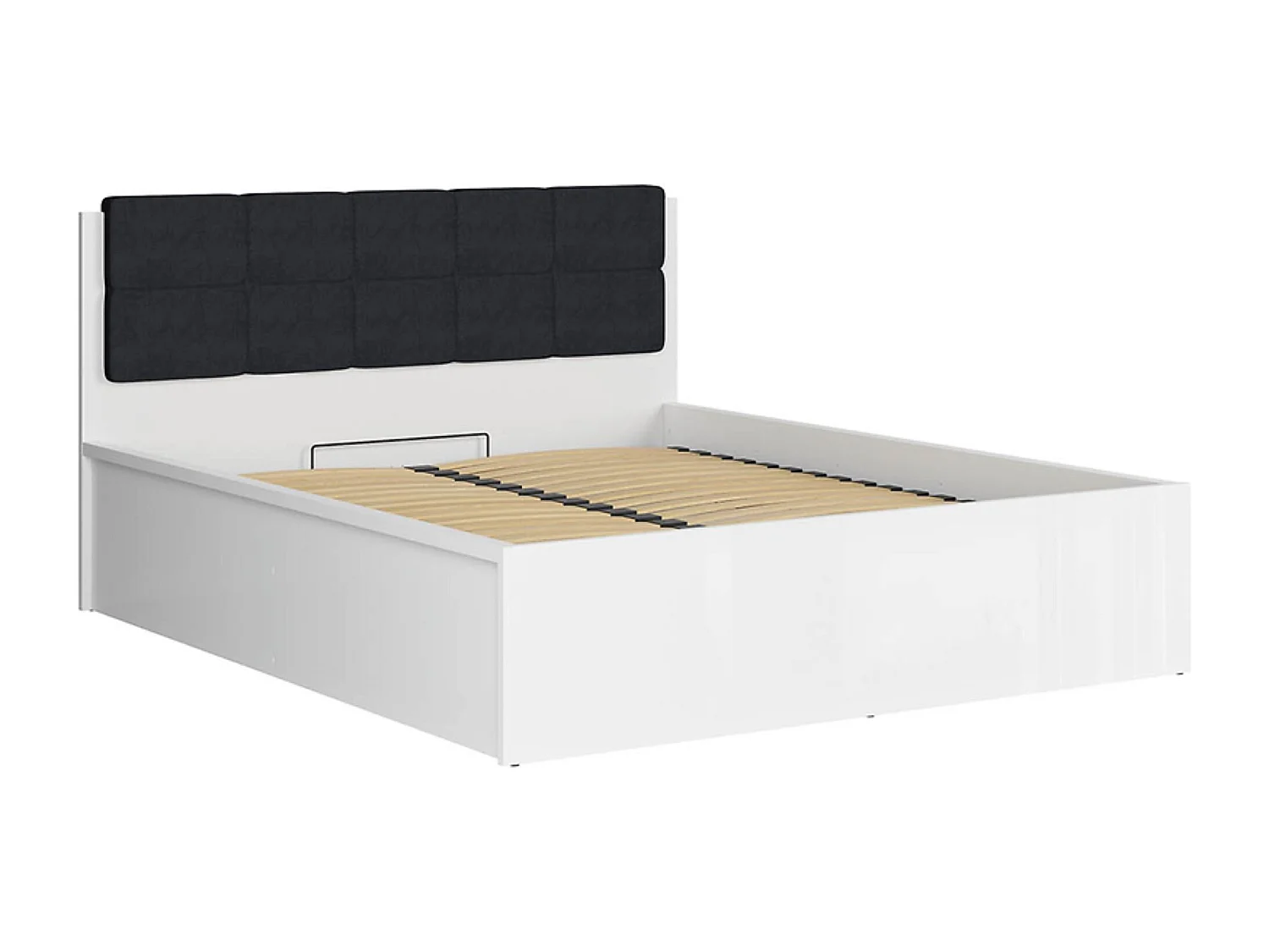 Lit coffre 160x200 avec sommier coffre et tête de lit capitonnée noir, coloris Blanc brillant - Longueur 204,5 x Profondeur 169 x Hauteur 95/40,5 cm