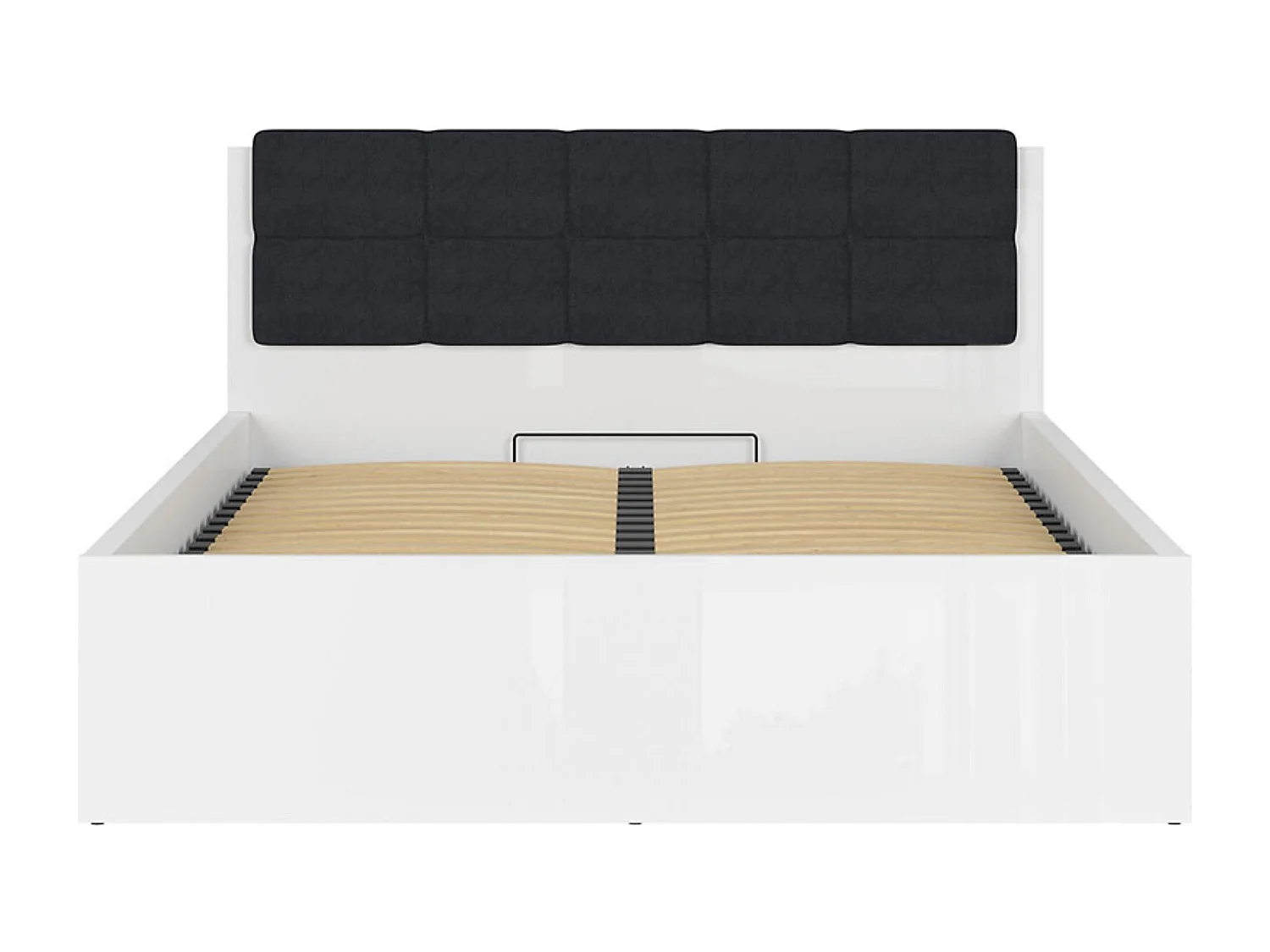 Lit coffre 160x200 avec sommier coffre et tête de lit capitonnée noir, coloris Blanc brillant - Longueur 204,5 x Profondeur 169 x Hauteur 95/40,5 cm