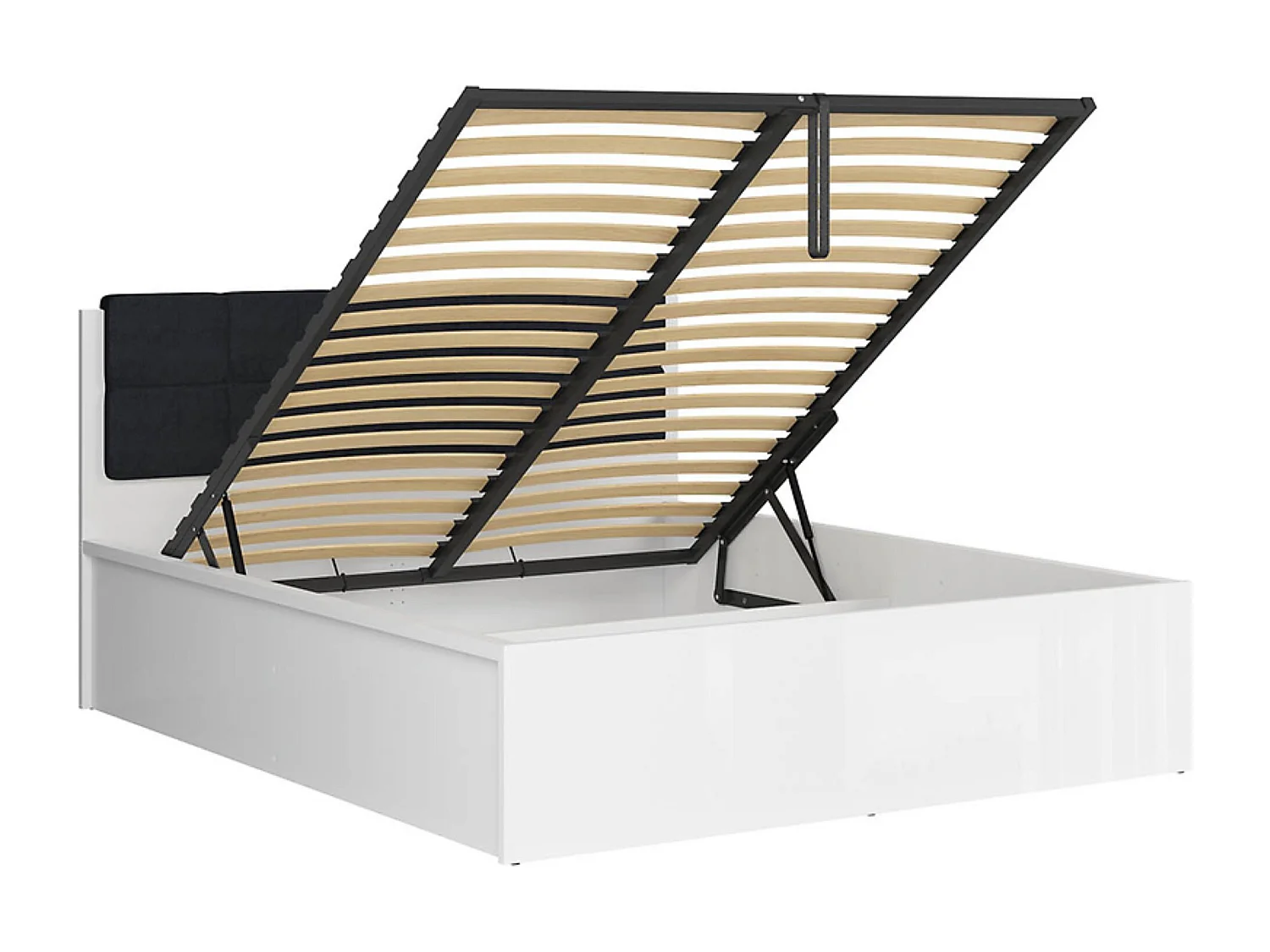 Lit coffre 160x200 avec sommier coffre et tête de lit capitonnée noir, coloris Blanc brillant - Longueur 204,5 x Profondeur 169 x Hauteur 95/40,5 cm
