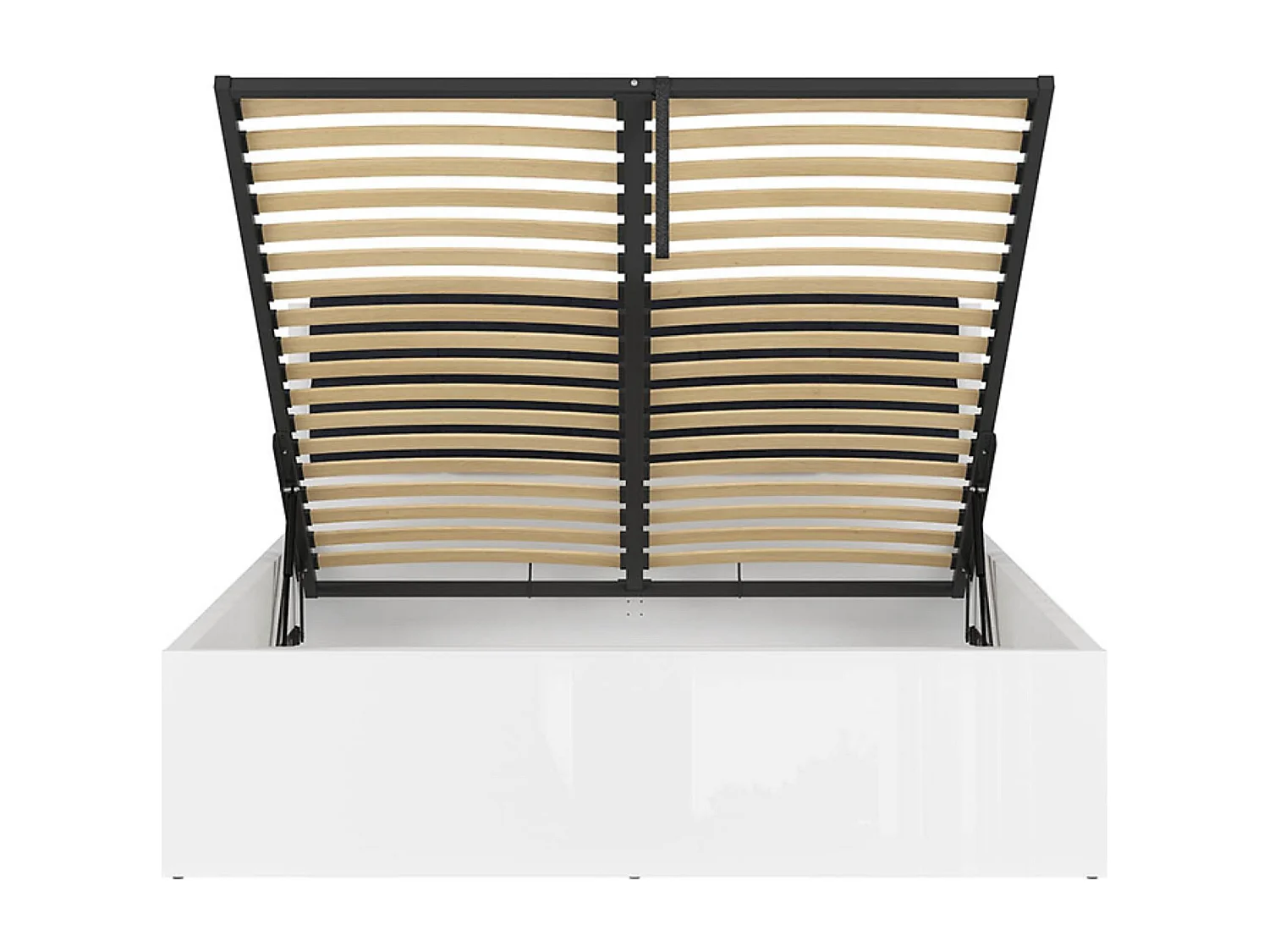 Lit coffre 160x200 avec sommier coffre et tête de lit capitonnée noir, coloris Blanc brillant - Longueur 204,5 x Profondeur 169 x Hauteur 95/40,5 cm
