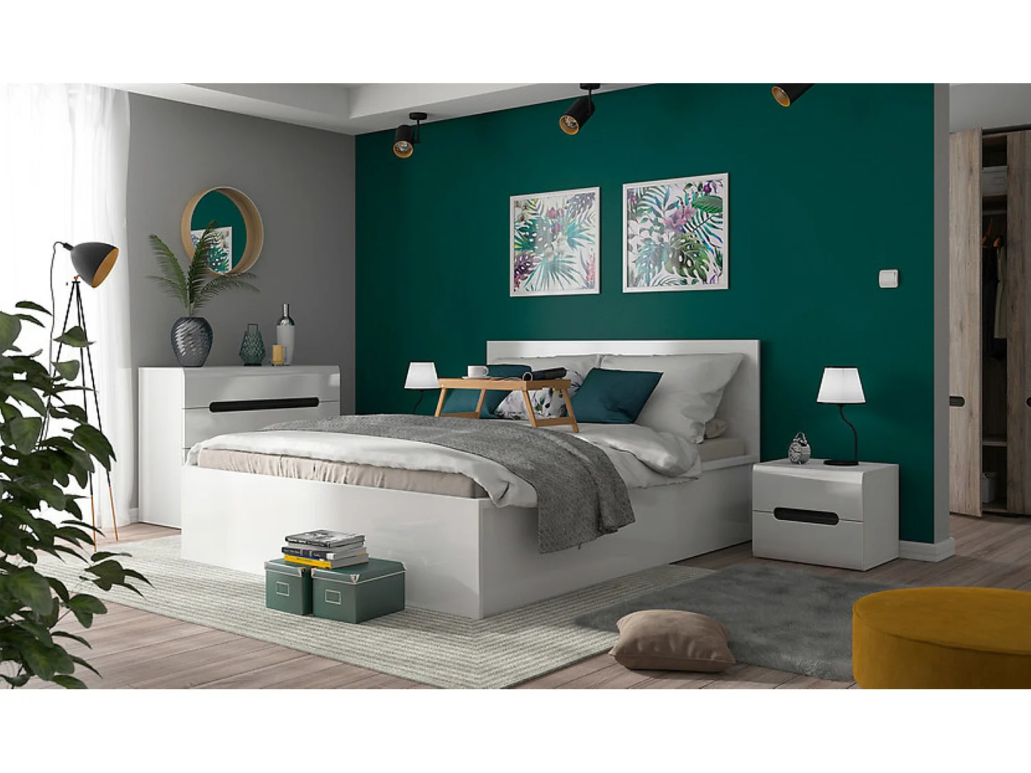 Lit coffre 160x200 avec sommier et rangement, coloris Blanc brillant - Longueur 204,5 x Profondeur 169 x Hauteur 95/40,5 cm