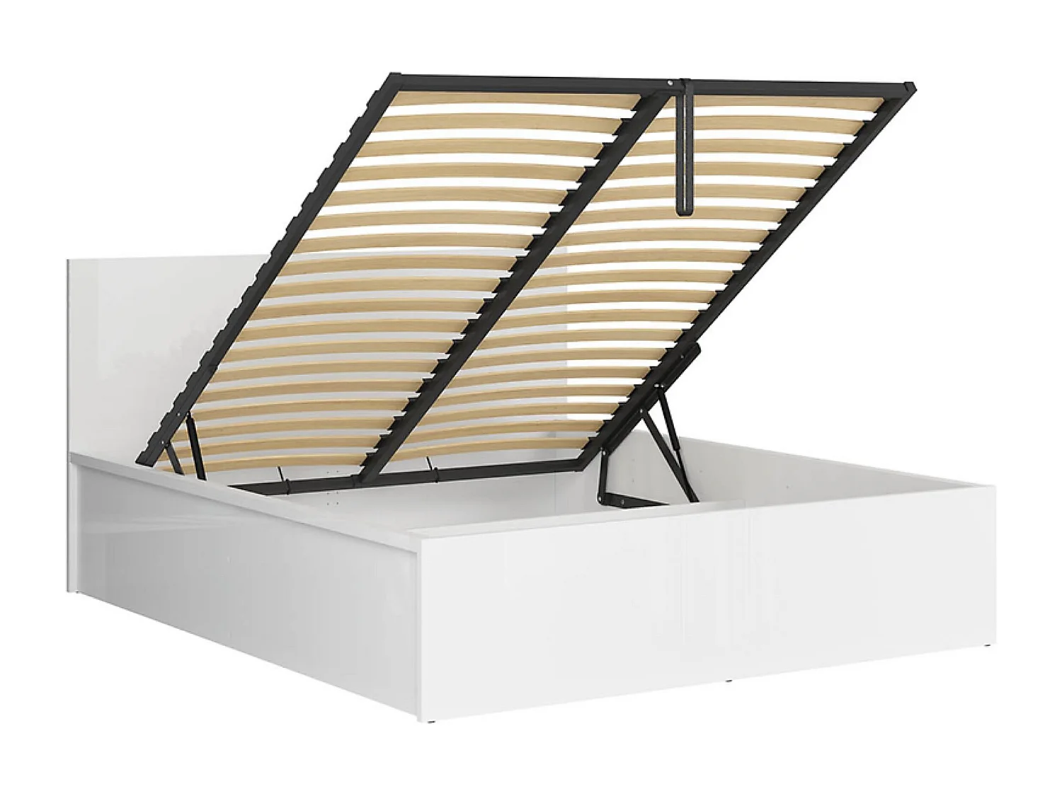 Lit coffre 160x200 avec sommier et rangement, coloris Blanc brillant - Longueur 204,5 x Profondeur 169 x Hauteur 95/40,5 cm
