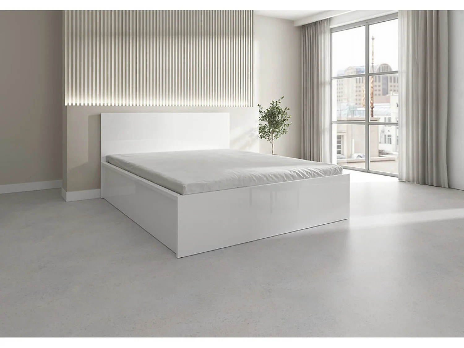 Lit coffre 160x200 avec sommier et rangement, coloris Blanc brillant - Longueur 204,5 x Profondeur 169 x Hauteur 95/40,5 cm