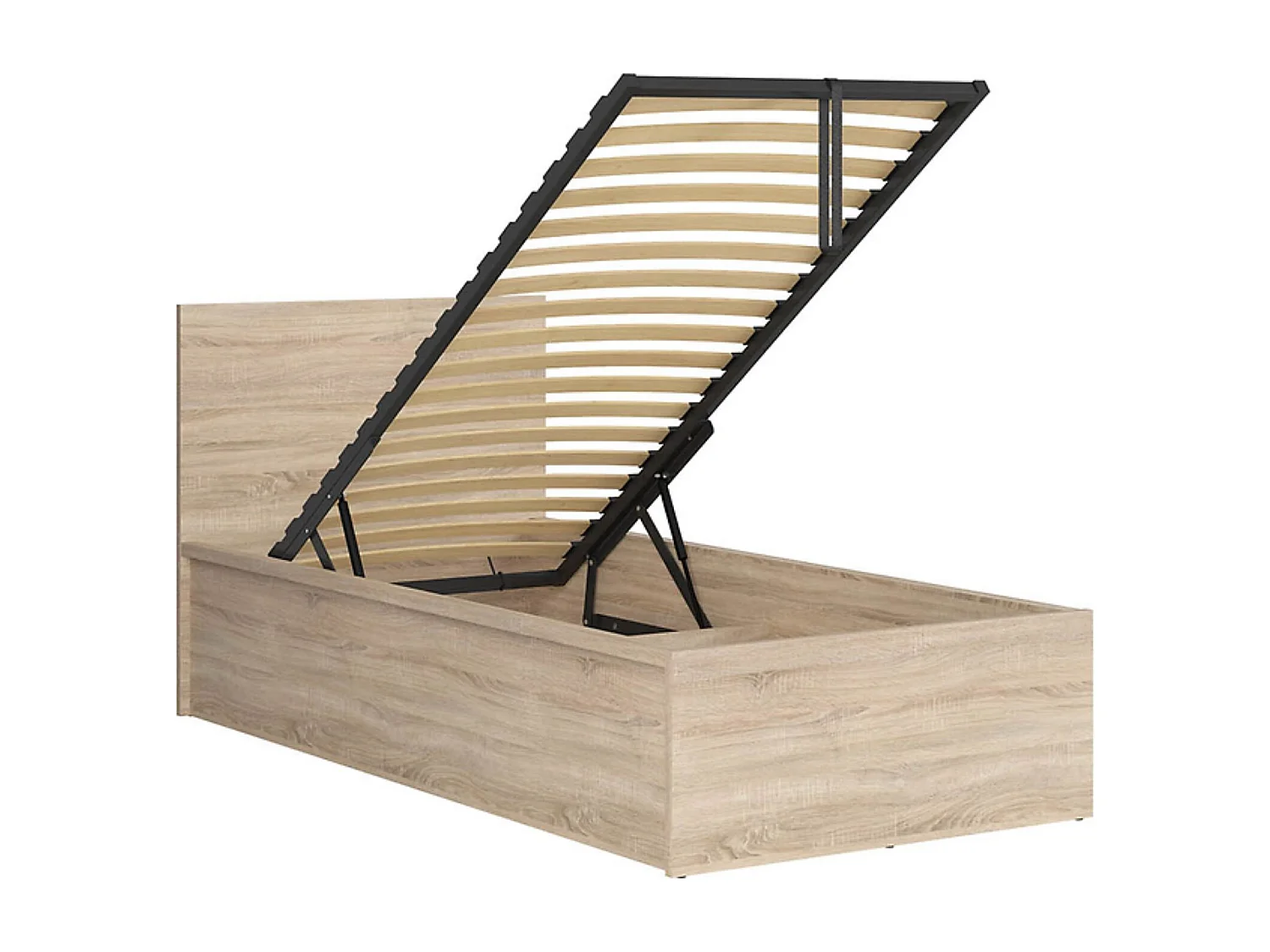 Lit 90x200 Lit 1 place avec sommier et rangement, coloris chêne Sonoma - Longueur 204,5 x Profondeur 99 x Hauteur 95/40,5 cm