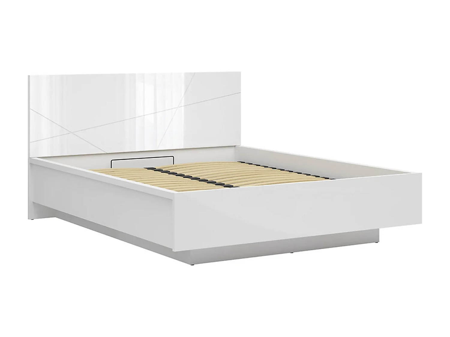 Lit coffre 160x200 avec sommier et rangement, coloris Blanc brillant/Blanc haute brillance - Longueur 206 x Profondeur 169,5 x Hauteur 98,5/43 cm