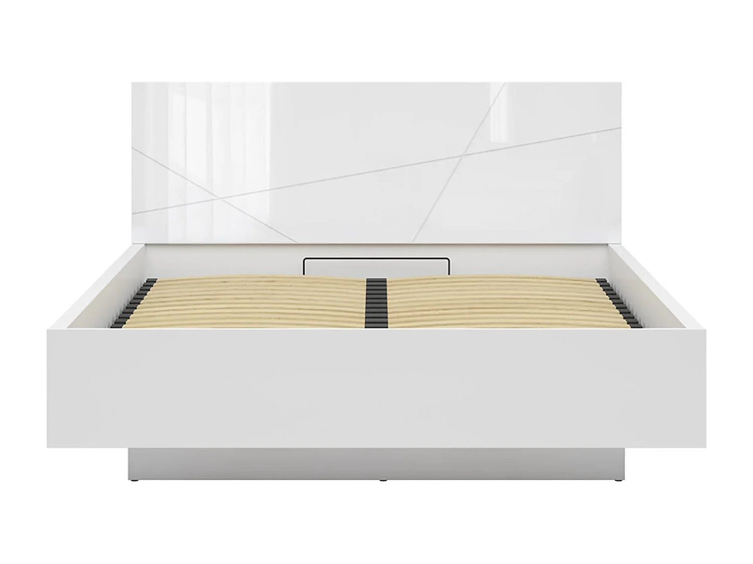 Lit coffre 160x200 avec sommier et rangement, coloris Blanc brillant/Blanc haute brillance - Longueur 206 x Profondeur 169,5 x Hauteur 98,5/43 cm