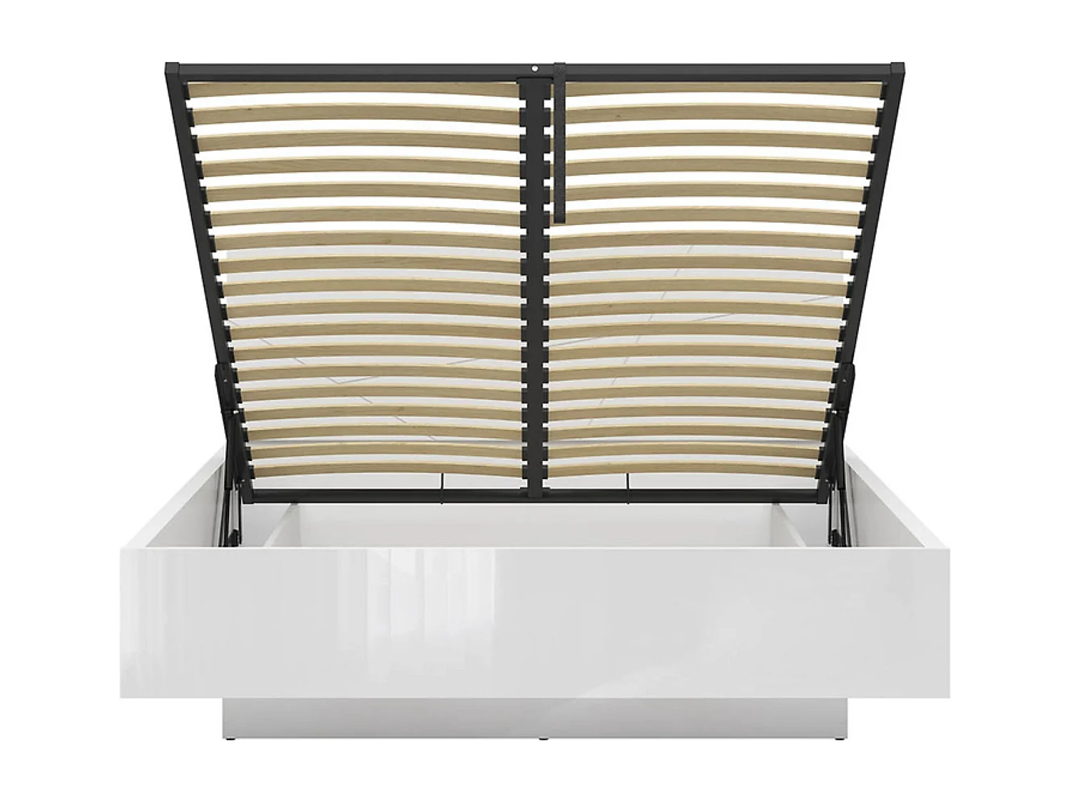 Lit coffre 160x200 avec sommier et rangement, coloris Blanc brillant/Blanc haute brillance - Longueur 206 x Profondeur 169,5 x Hauteur 98,5/43 cm