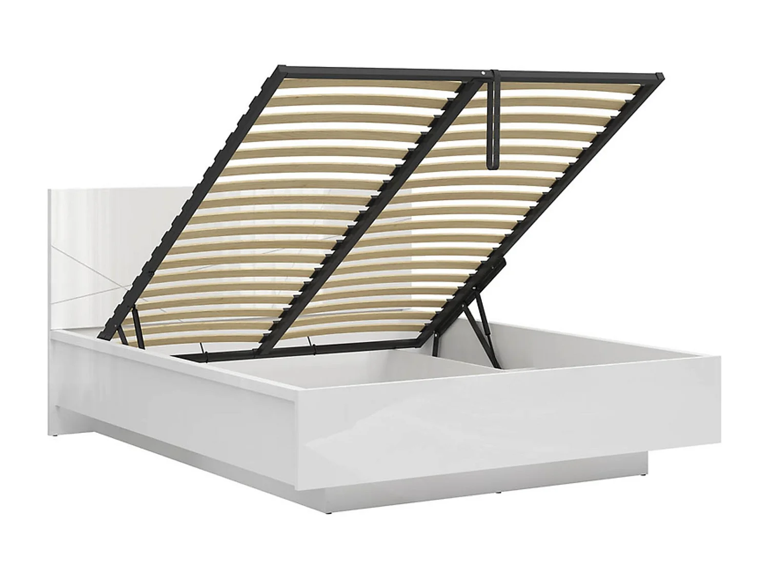 Lit coffre 160x200 avec sommier et rangement, coloris Blanc brillant/Blanc haute brillance - Longueur 206 x Profondeur 169,5 x Hauteur 98,5/43 cm