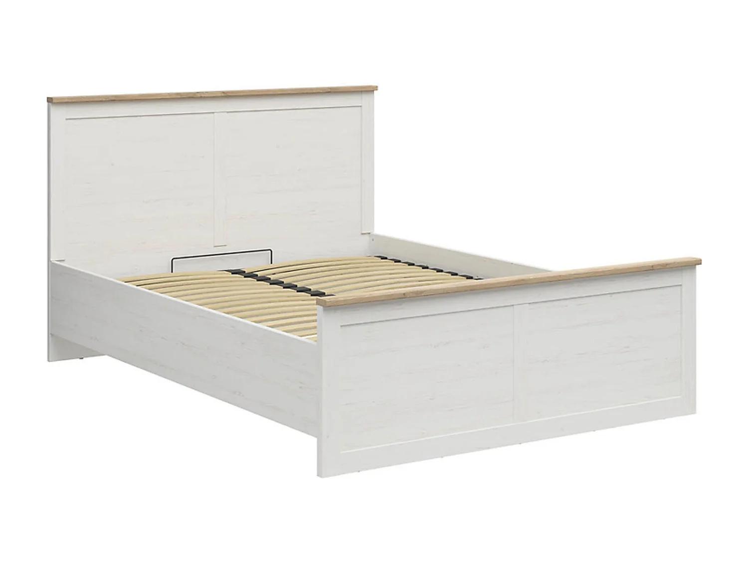 Lit coffre 160x200 lit adulte 2 places avec sommier et rangement, coloris Blanc pin andersen/Chêne clair - Longueur 208,5 x Profondeur 165 x Hauteur 110,5/57,5 cm