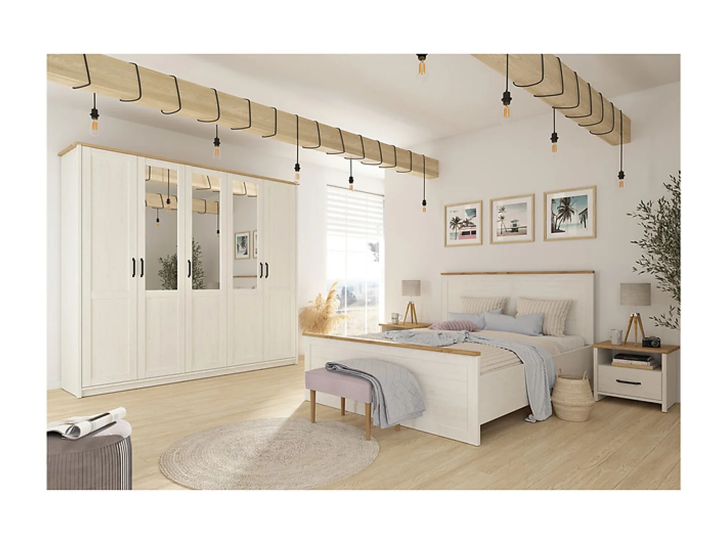 Lit coffre 160x200 lit adulte 2 places avec sommier et rangement, coloris Blanc pin andersen/Chêne clair - Longueur 208,5 x Profondeur 165 x Hauteur 110,5/57,5 cm