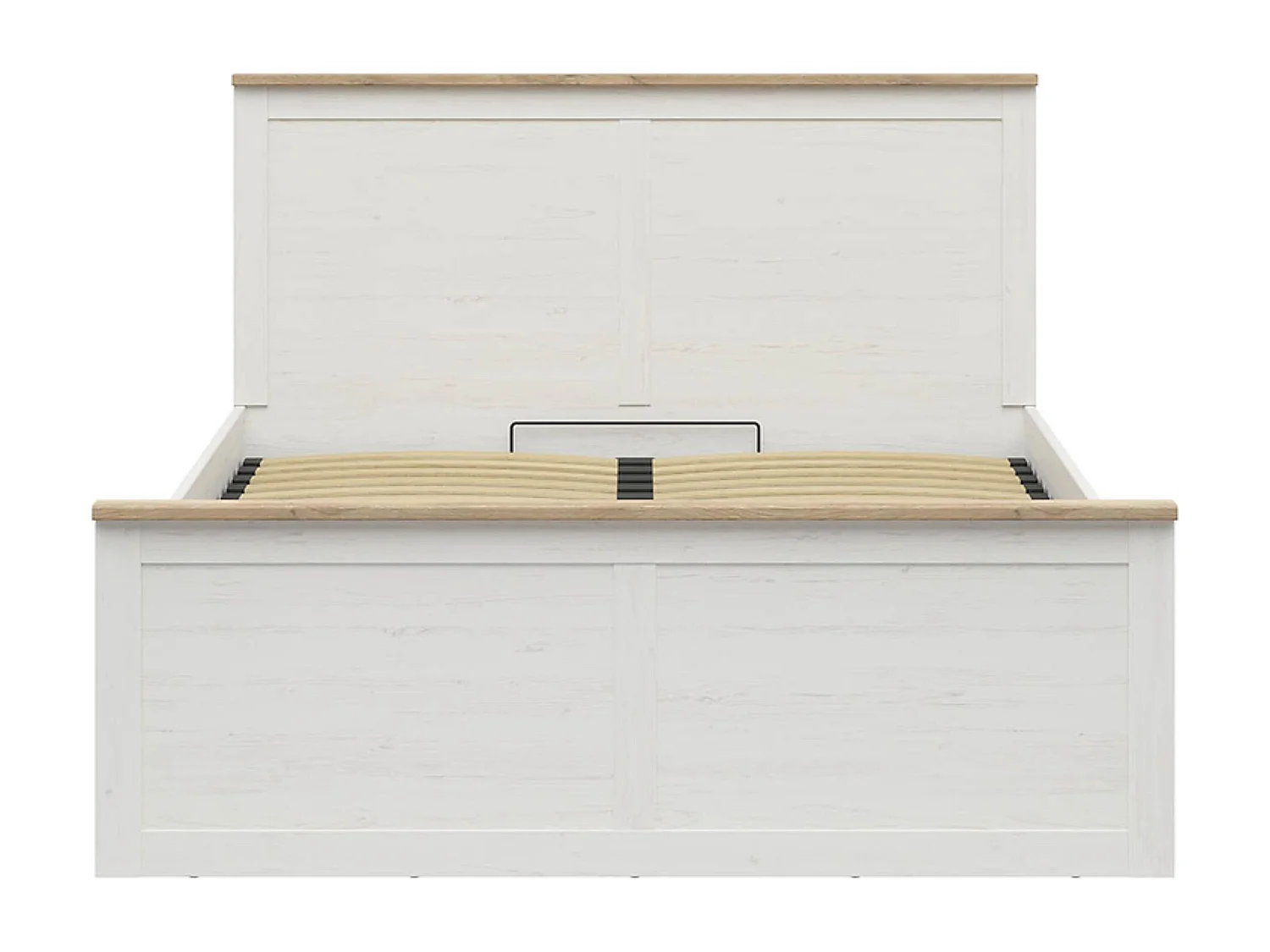 Lit coffre 160x200 lit adulte 2 places avec sommier et rangement, coloris Blanc pin andersen/Chêne clair - Longueur 208,5 x Profondeur 165 x Hauteur 110,5/57,5 cm