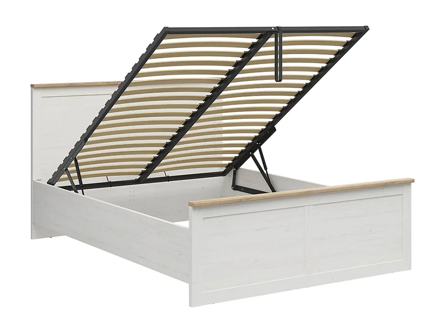 Lit coffre 160x200 lit adulte 2 places avec sommier et rangement, coloris Blanc pin andersen/Chêne clair - Longueur 208,5 x Profondeur 165 x Hauteur 110,5/57,5 cm