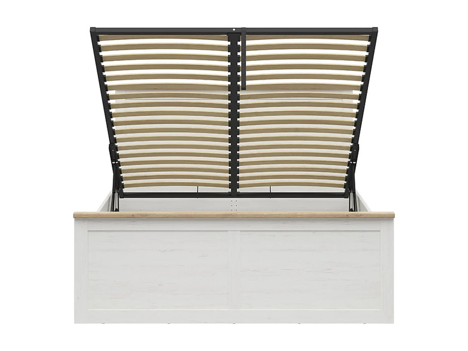 Lit coffre 160x200 lit adulte 2 places avec sommier et rangement, coloris Blanc pin andersen/Chêne clair - Longueur 208,5 x Profondeur 165 x Hauteur 110,5/57,5 cm