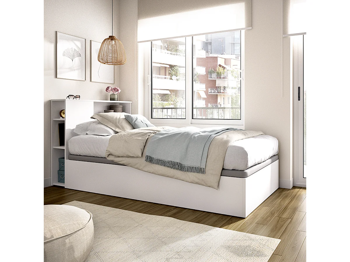 Lit coffre 90x190 avec tête de lit et rangement intégré – Sommier relevable – Coloris blanc